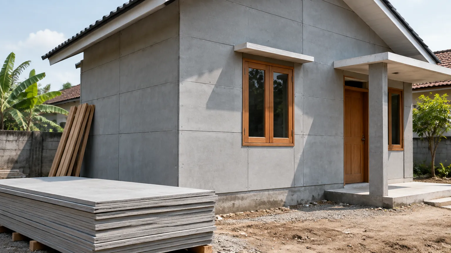 Rumah sederhana dalam tahap pembangunan dinding luar