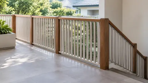 Railing kayu dan logam di tepi teras bertangga