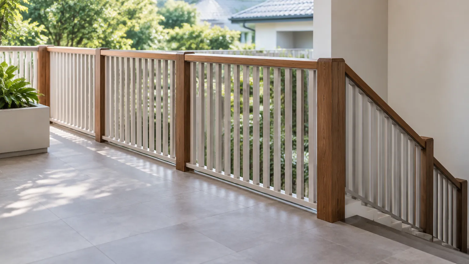Railing kayu dan logam di tepi teras bertangga