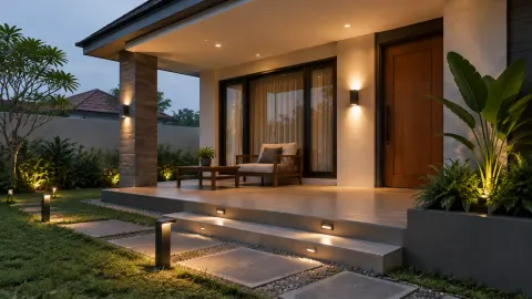 Teras rumah pada malam hari dengan lampu dinding dan lampu anak tangga