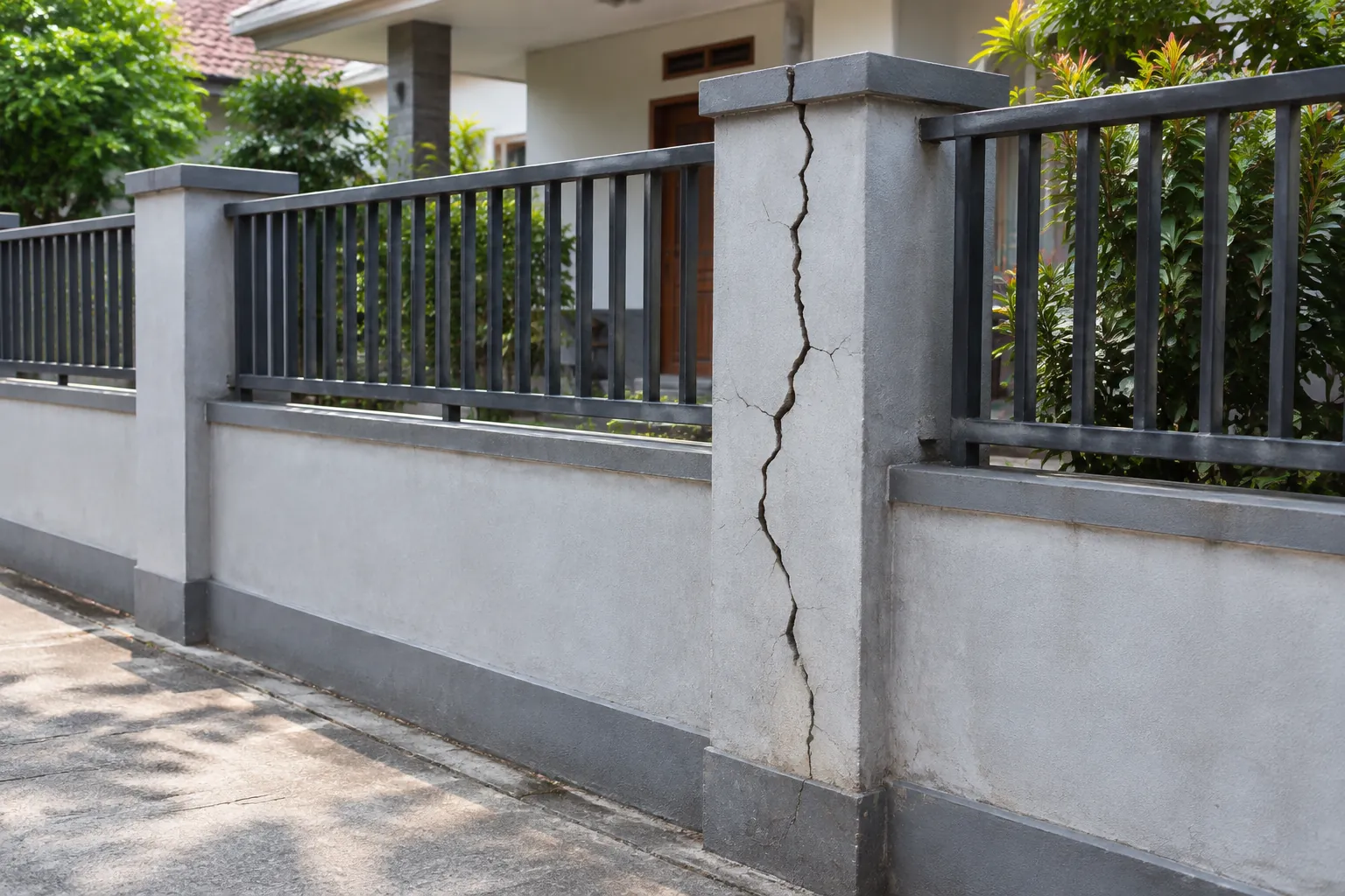 Retakan pada tiang pagar beton di sisi jalan