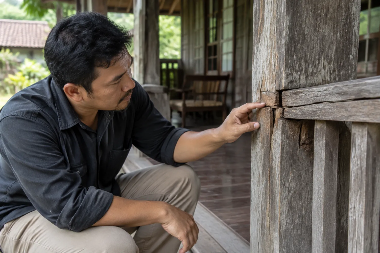 Pekerja memeriksa sambungan pagar kayu lama yang terlihat retak