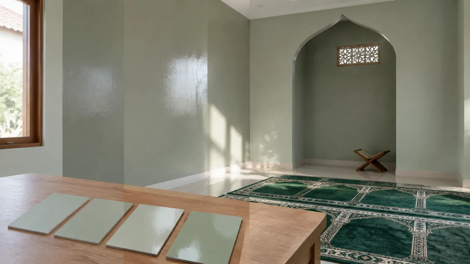 Mushola dengan dinding hijau dan sampel warna
