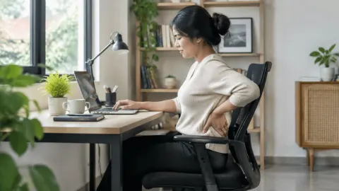Seseorang duduk di meja kerja sambil memegang punggung