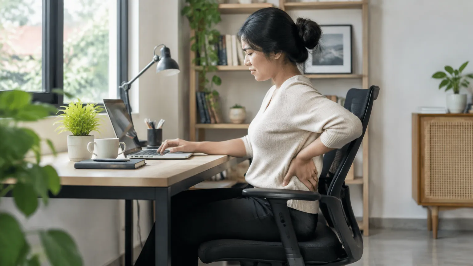 Seseorang duduk di meja kerja sambil memegang punggung