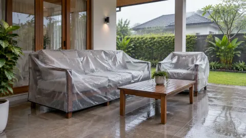 Furnitur teras ditutup pelindung saat lantai terkena hujan