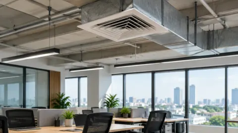 Plafon kantor dengan kisi ventilasi dan saluran terbuka