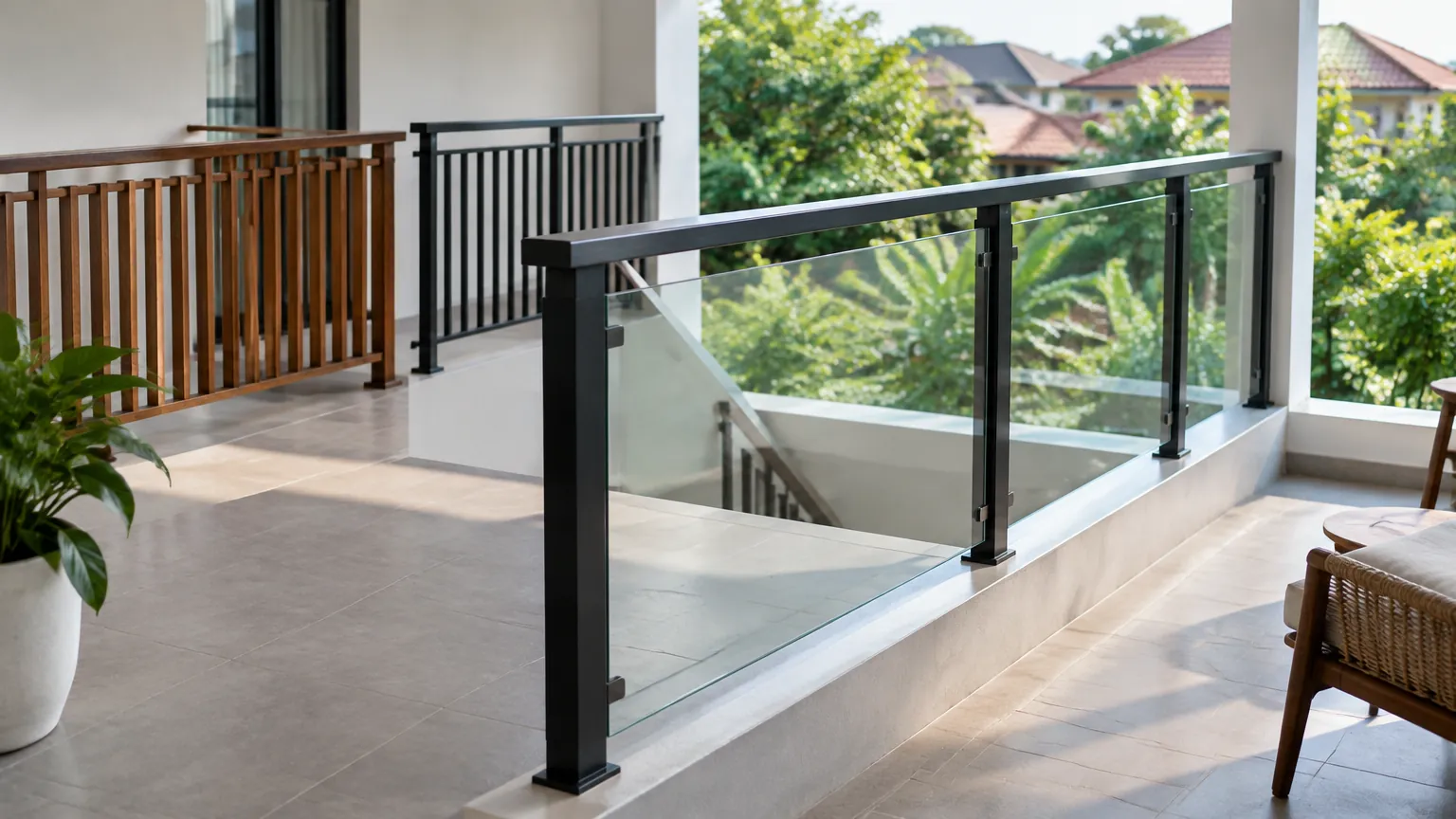 Dua contoh railing kayu dan kaca pada area balkon rumah