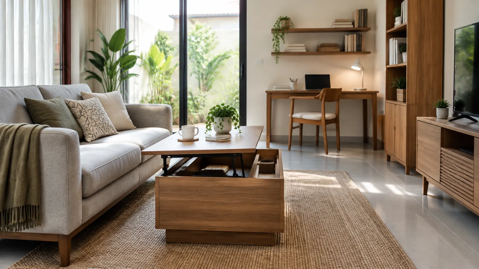 Ruang tamu dengan sofa, meja tengah, dan meja kerja di belakang