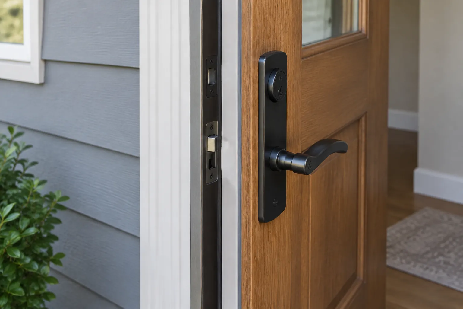 Handle hitam pada daun pintu kayu di sisi rumah