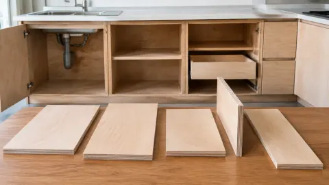 Modul kabinet dapur terbuka dengan papan yang belum dipasang