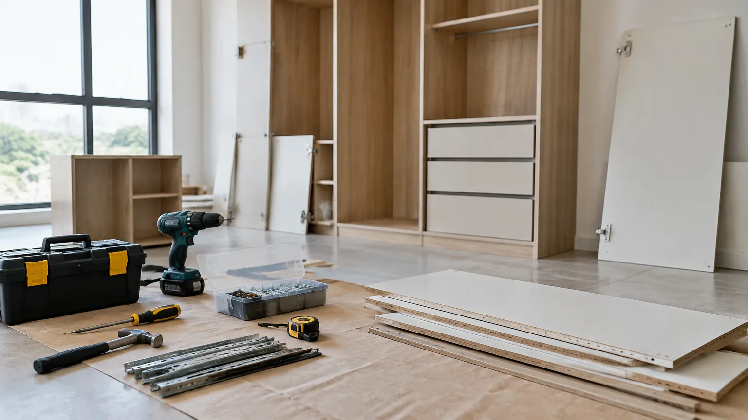 Panel kabinet dan peralatan perakitan ditata di lantai ruangan