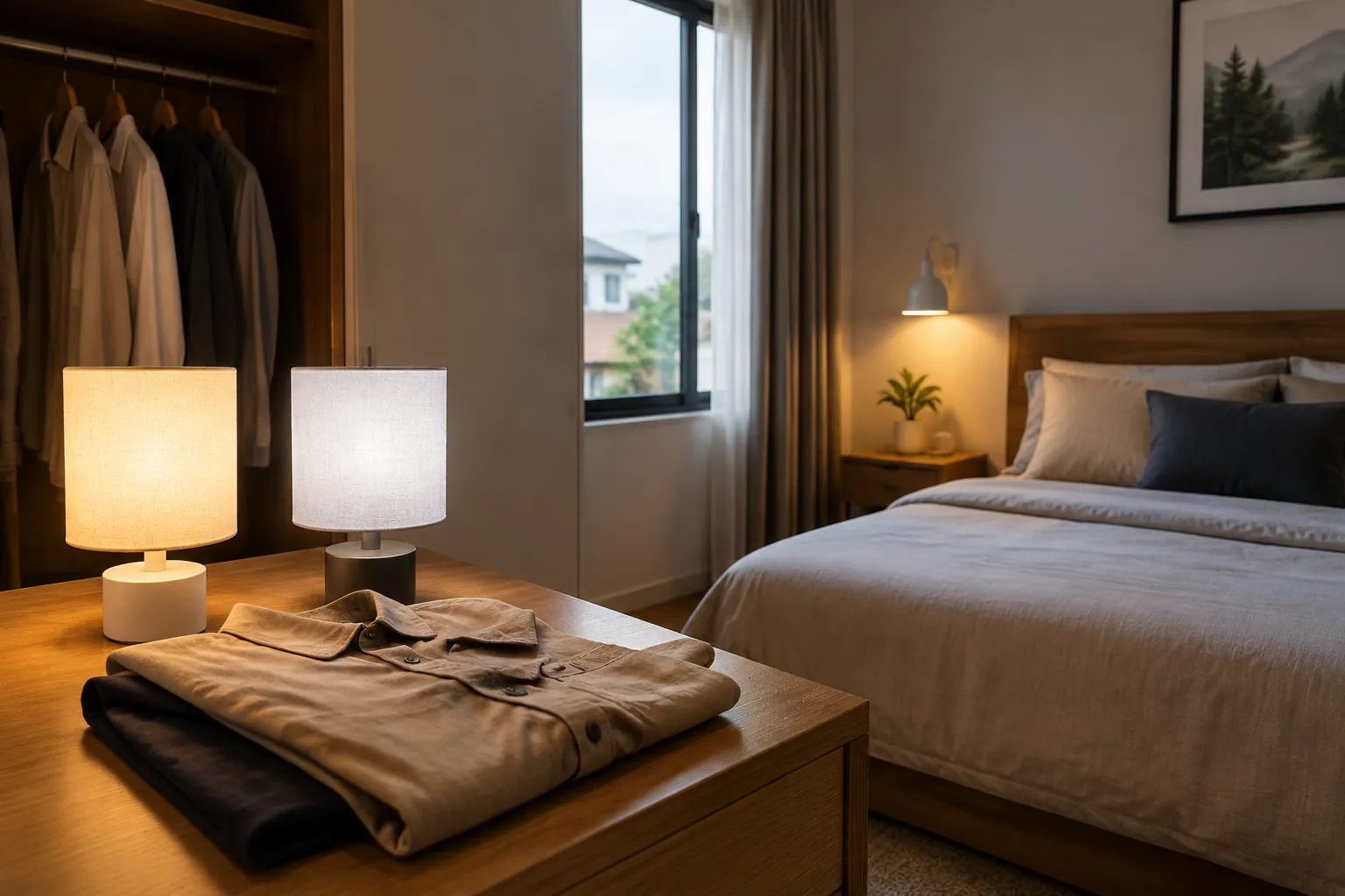 Dua lampu meja dengan warna cahaya berbeda di kamar tidur