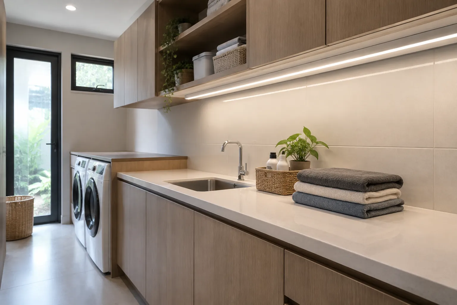 Lampu bawah kabinet menerangi wastafel dan meja laundry
