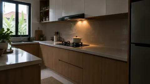 Dapur dengan area memasak yang tampak redup