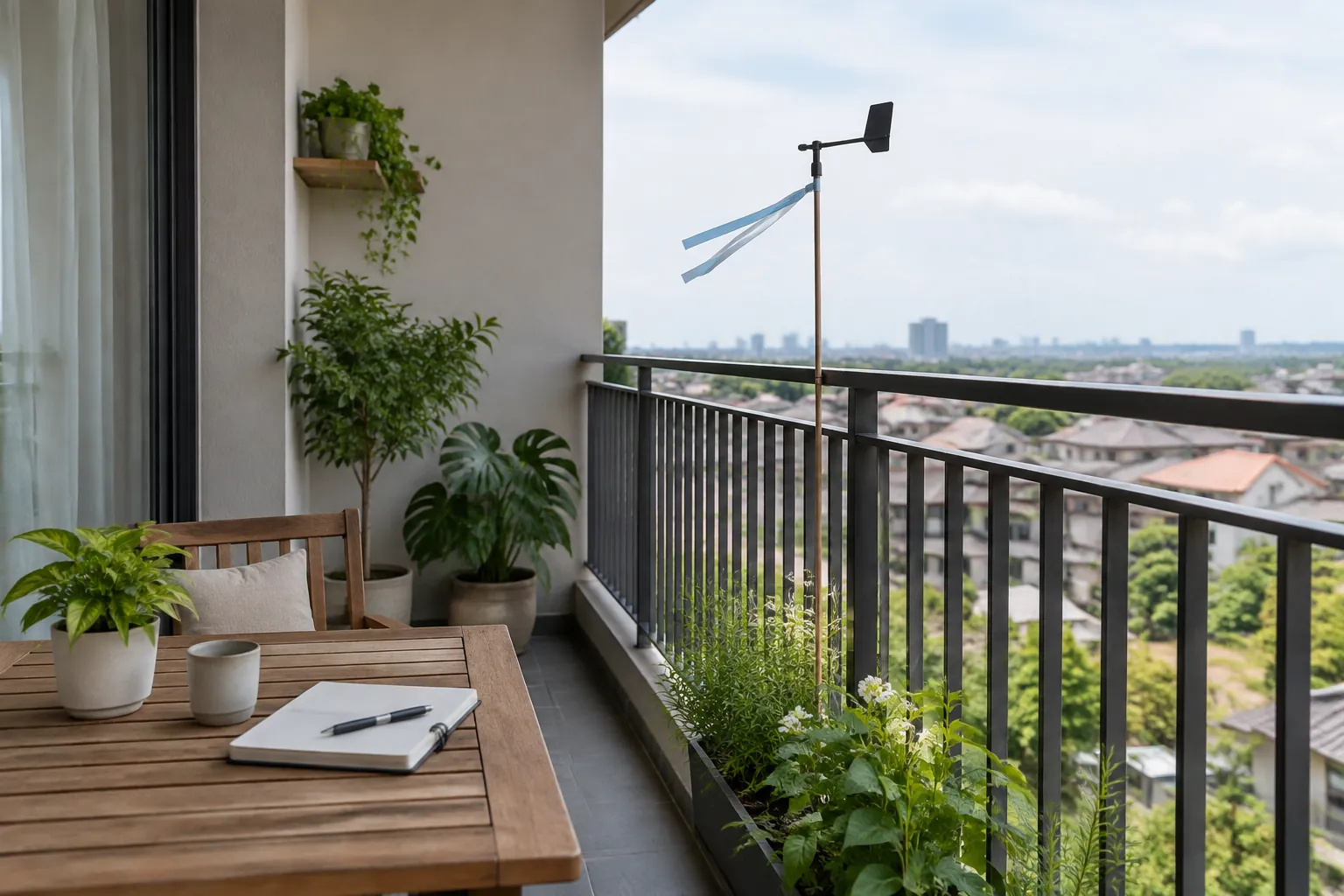 Balkon apartemen dengan tanaman, kursi, dan meja kecil.