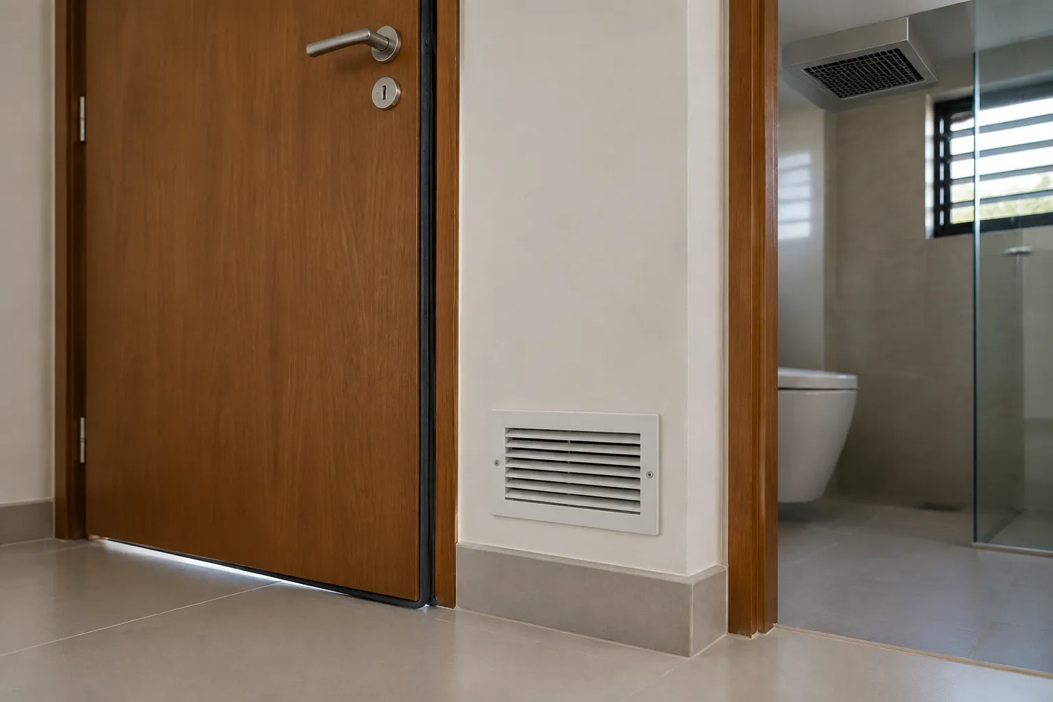 Pintu kayu di samping kamar mandi dengan kisi udara pada dinding