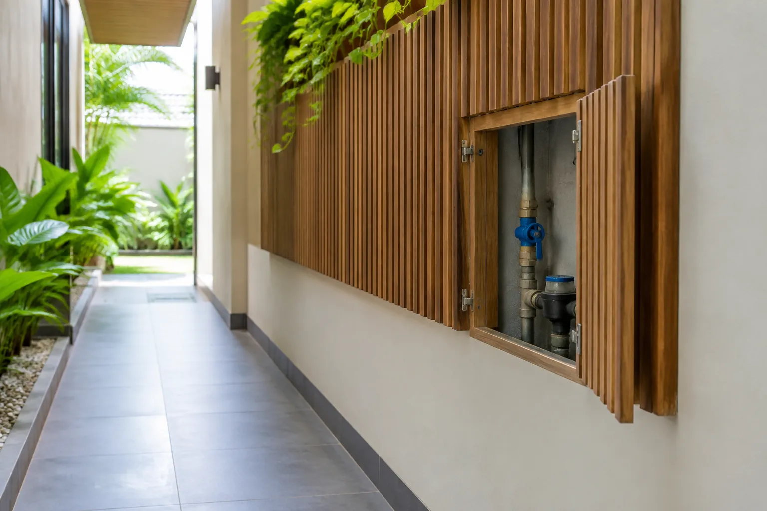 Panel bilah kayu pada lorong luar dengan akses ke perangkat di dinding