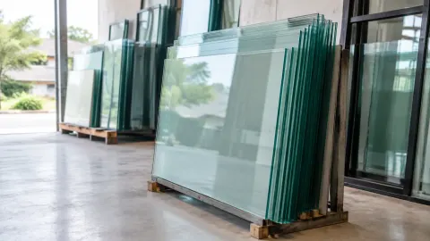 Lembaran kaca tersusun di tempat penyimpanan material