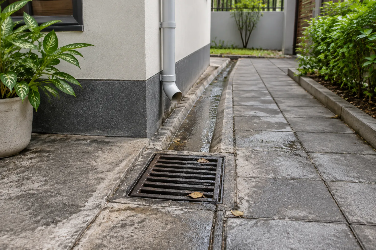 Kisi drainase pada paving dengan daun di dekat bukaan