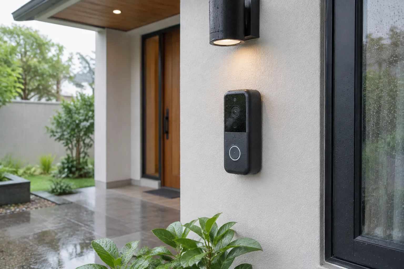 Bel pintu pintar terpasang pada dinding luar dekat pintu masuk