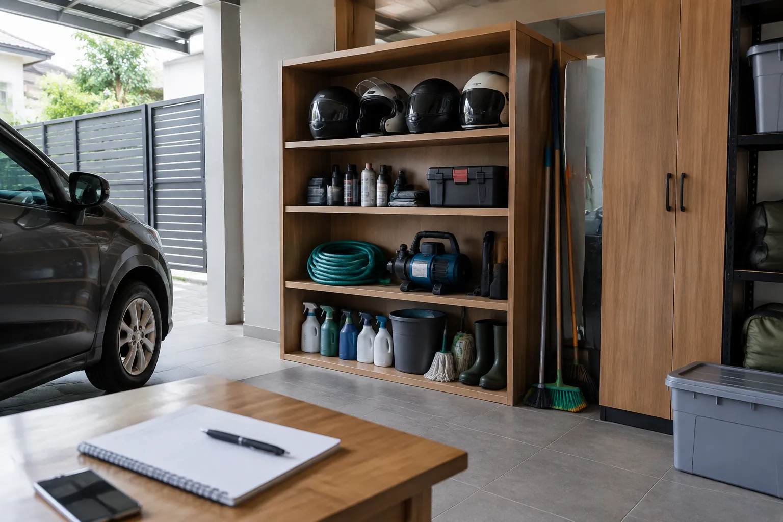 Rak carport berisi helm dan perlengkapan rumah