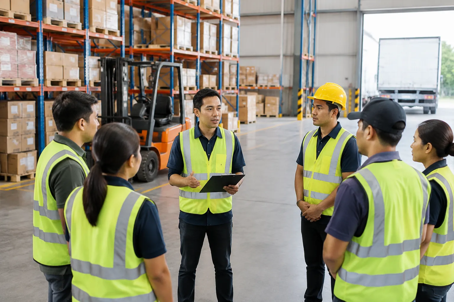 Petugas gudang membahas tugas di jalur kerja dengan alat pelindung