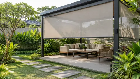 Tirai luar ruang meneduhkan area duduk taman