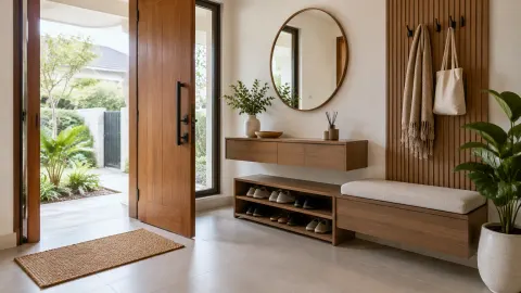 Foyer dengan rak sepatu, cermin, dan kait tas