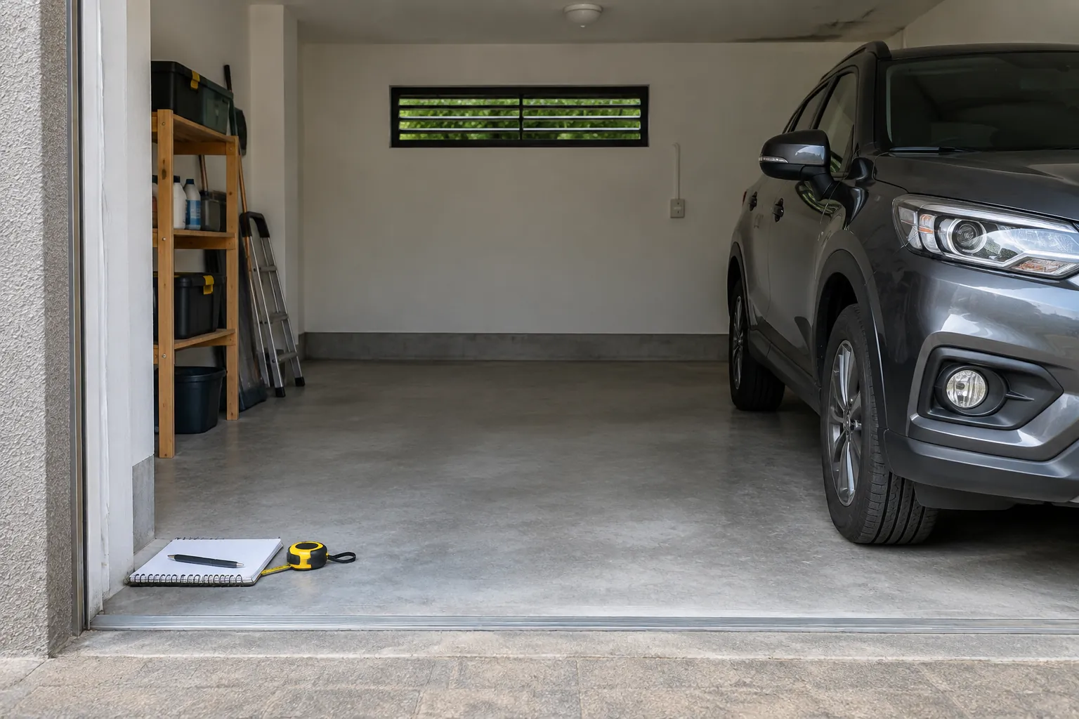 Garasi dengan kendaraan dan alat ukur di lantai