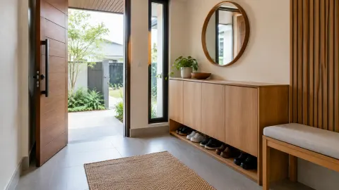 Foyer dengan kabinet sepatu, cermin, dan pintu utama