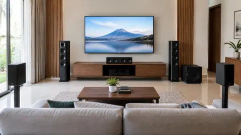Ruang keluarga dengan televisi dan dua speaker tinggi