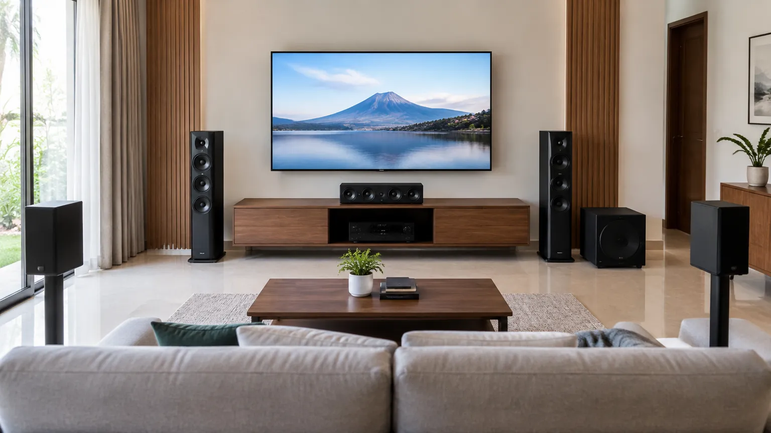 Ruang keluarga dengan televisi dan dua speaker tinggi