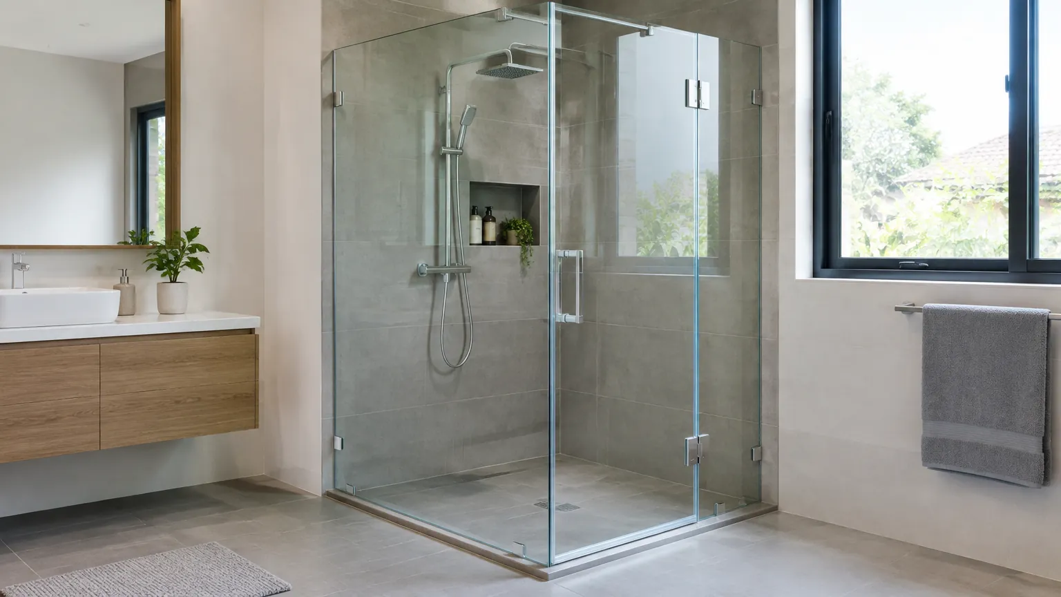 Sekat kaca shower dengan pintu dan engsel logam
