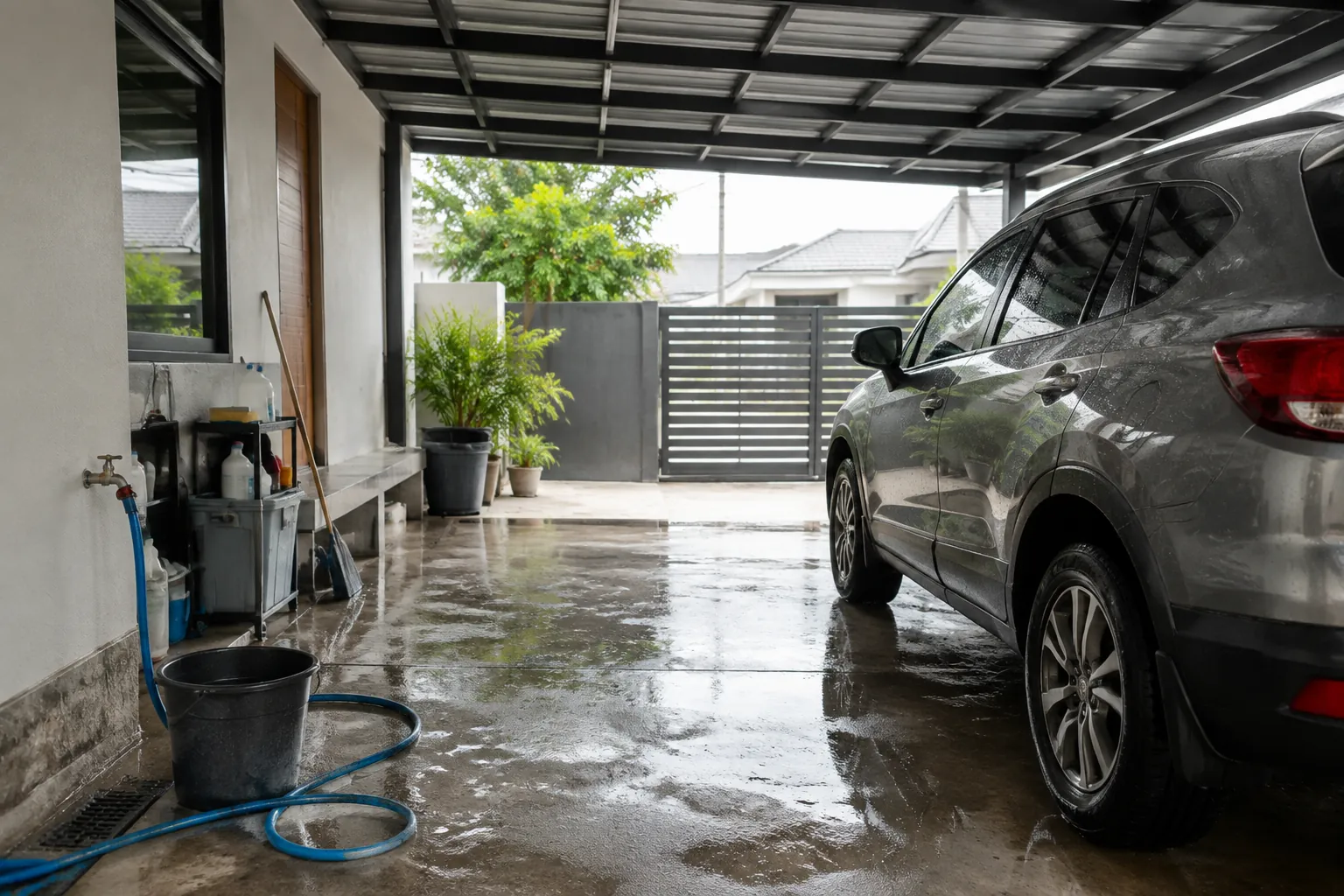 Air sisa mencuci mobil mengalir di lantai carport
