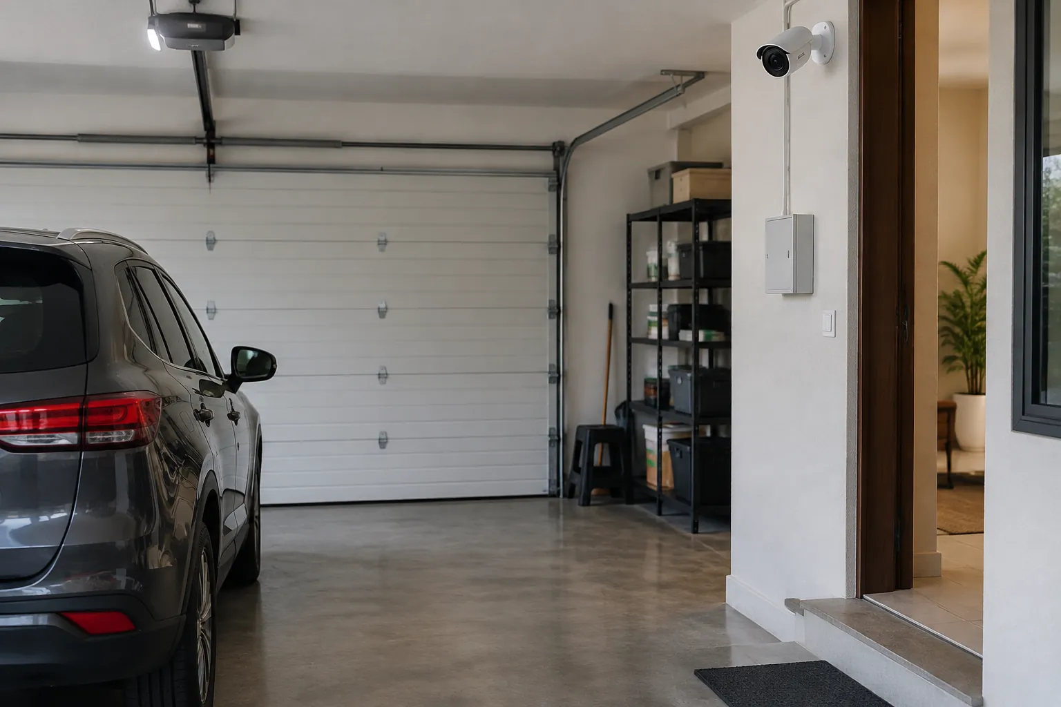 Garasi dengan mobil, pintu lipat, dan rak penyimpanan.