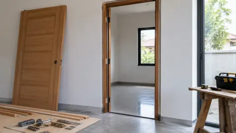 Dua pintu kayu di ruang rumah yang sedang disiapkan