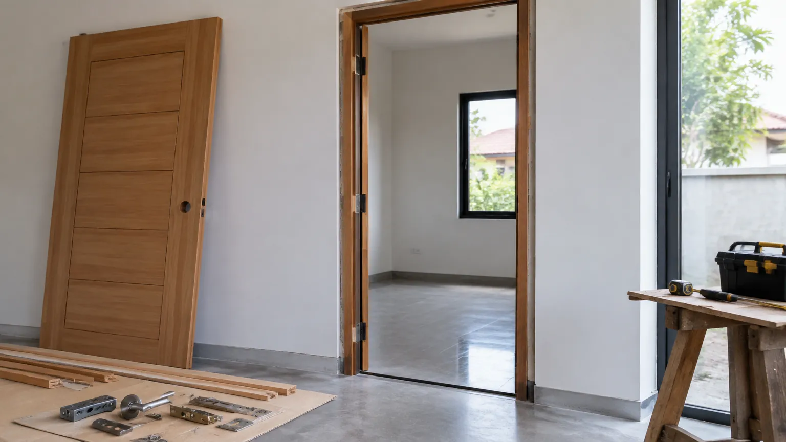 Dua pintu kayu di ruang rumah yang sedang disiapkan