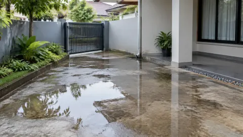 Air menggenang pada lantai halaman dekat gerbang rumah