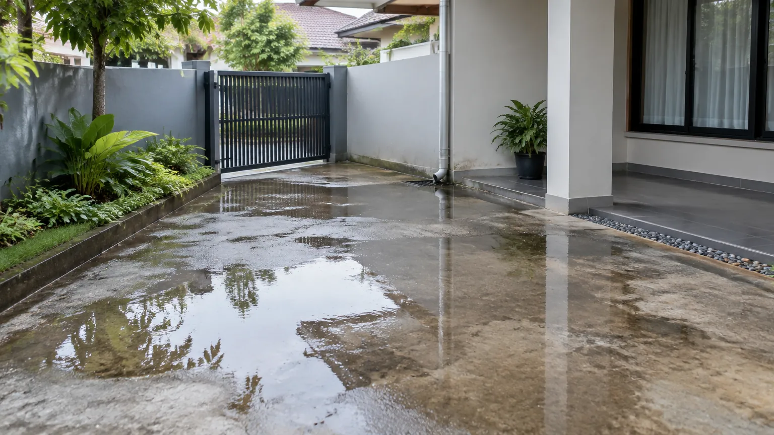 Air menggenang pada lantai halaman dekat gerbang rumah