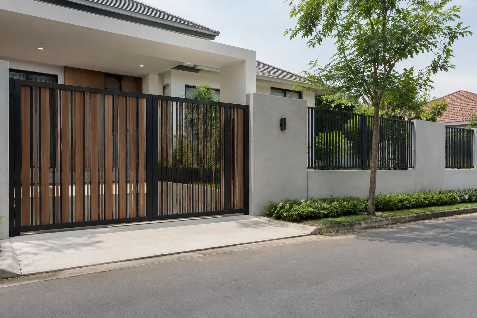 Pagar rumah minimalis dengan bilah vertikal dan gerbang logam