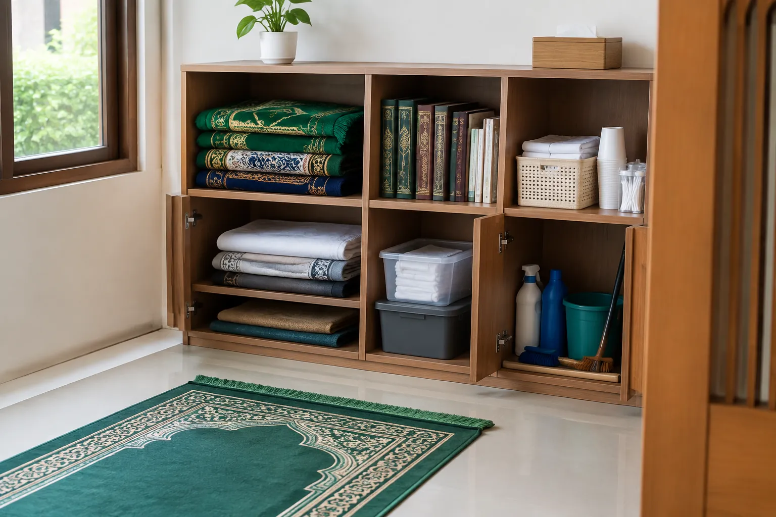 Rak mushola berisi kain, buku, dan kotak kecil
