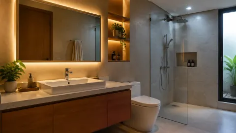 Lampu cermin dan lampu plafon menerangi kamar mandi