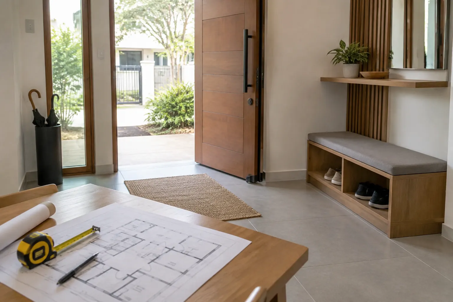 Denah renovasi di depan pintu dan bangku foyer