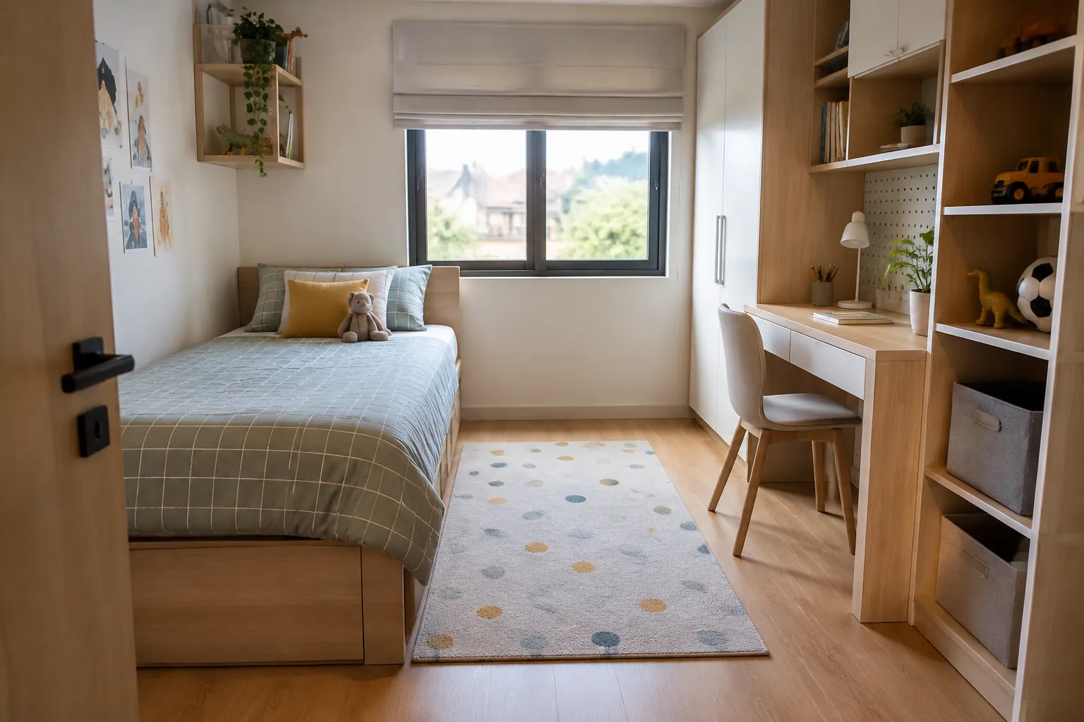 Kamar anak kecil memuat tempat tidur, meja, dan penyimpanan