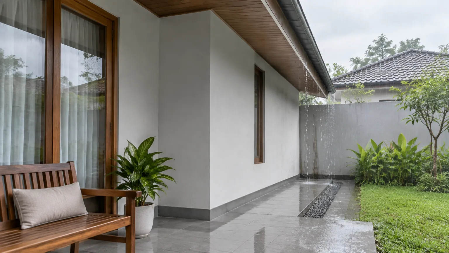 Teras rumah dengan lantai basah setelah hujan