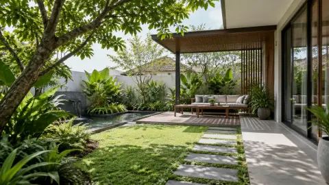 Halaman rumah dengan rumput, pohon, dan tempat duduk beratap