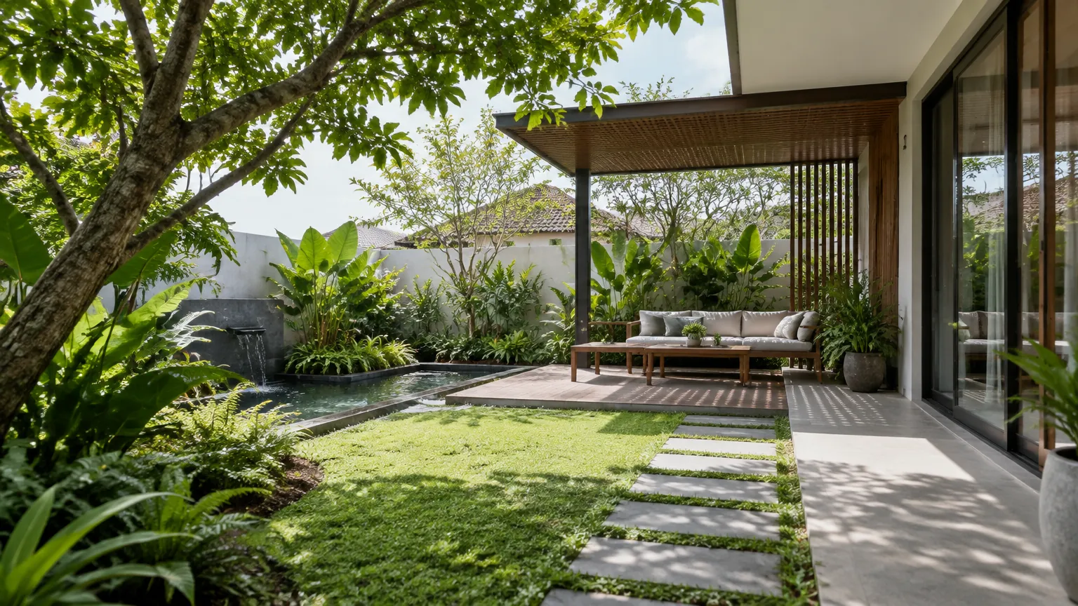 Halaman rumah dengan rumput, pohon, dan tempat duduk beratap