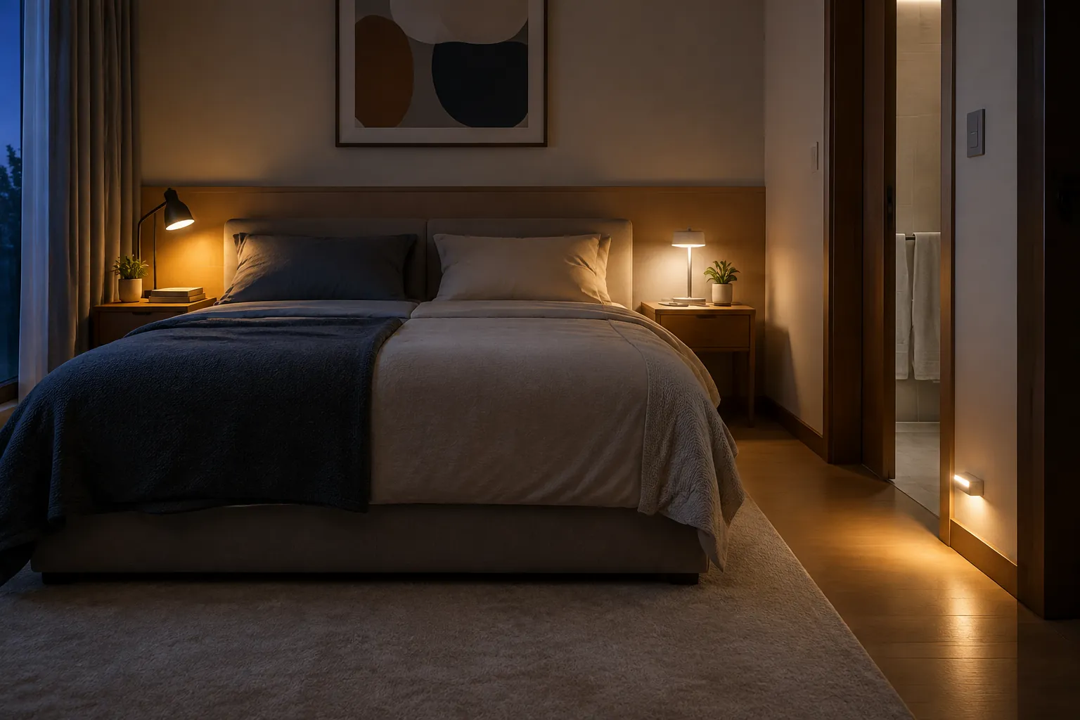 Tempat tidur dengan lampu baca terpisah di kedua sisi