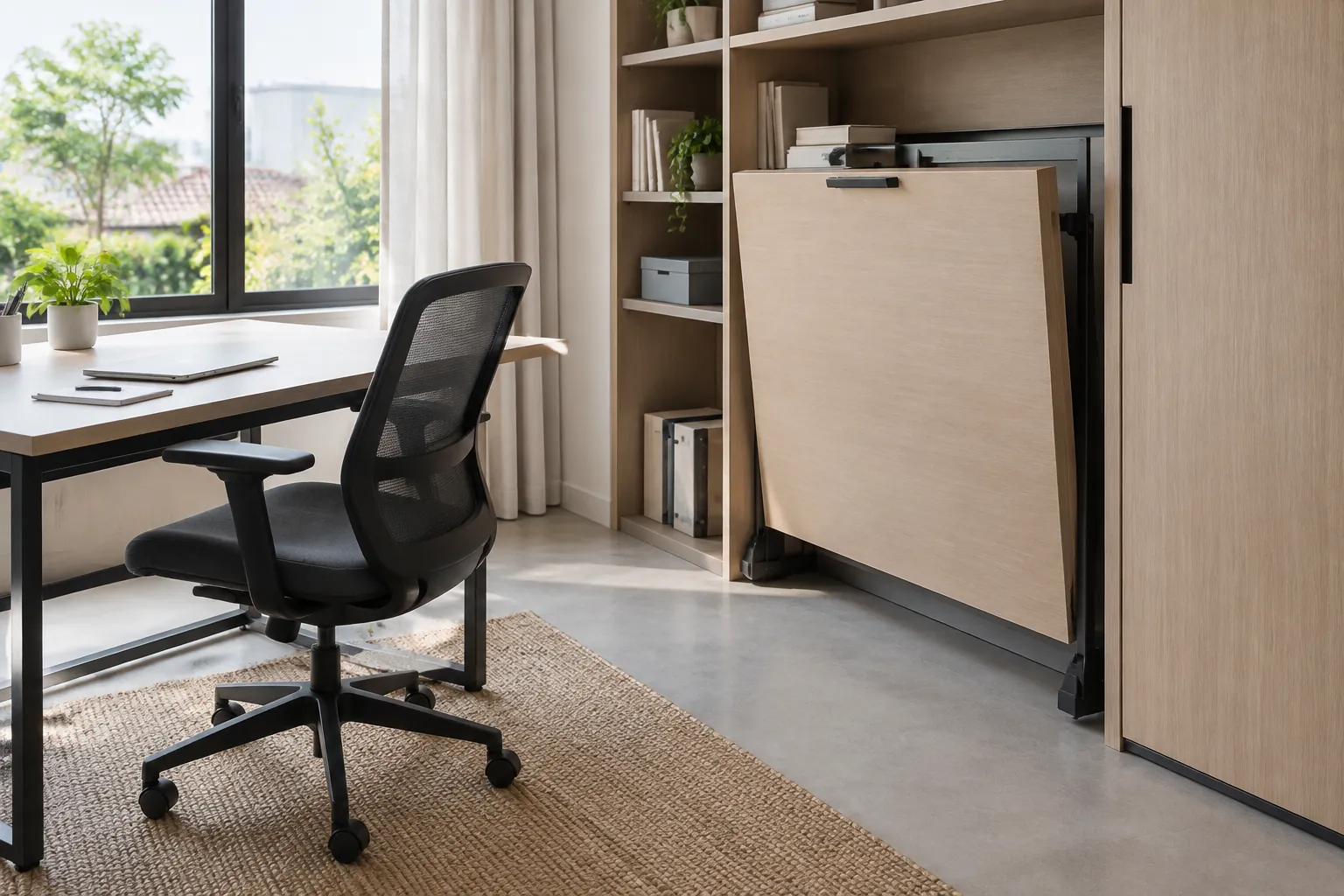 Furnitur lipat di samping meja ruang kerja